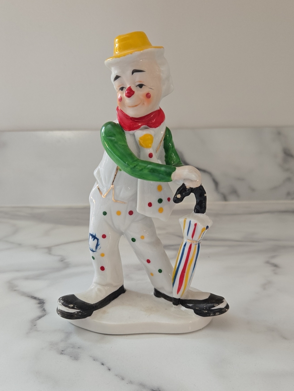 Vintage Shiah Yih White Ceramic Clown Figurine with Yellow Hat and Green Sleeves